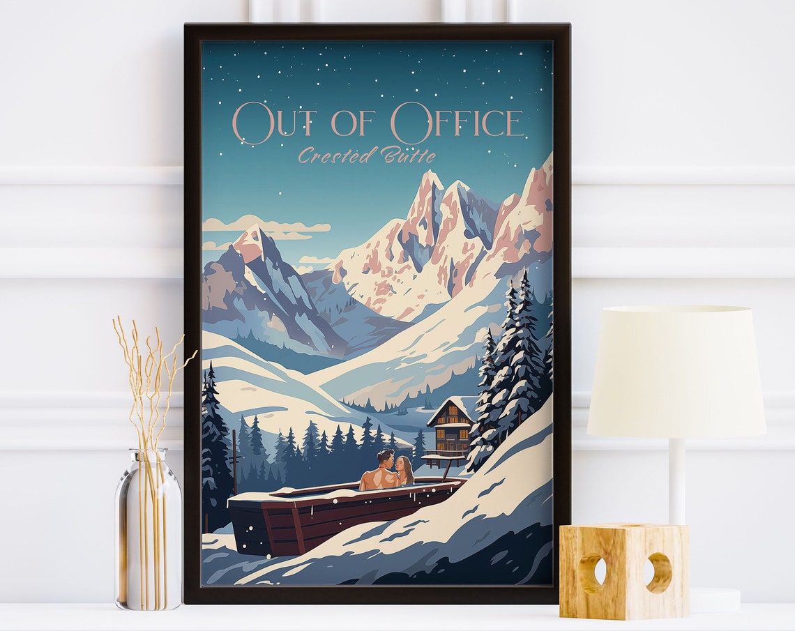 Retro Apres Ski Poster Out Of Office Newspaper Magazine Print Vintage Bar Cart Art Winter Wall Art European Ski Art Ski Lodge Print