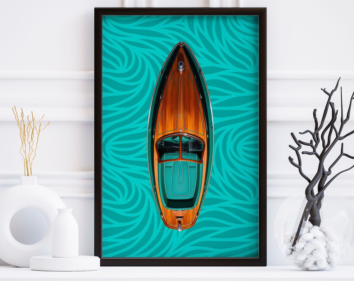 Classic Wooden Motorboat Turquoise Retro Luxury Nautical Wall Art - Image 3