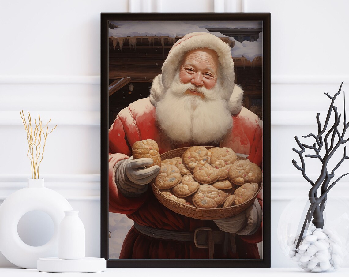 Santa Claus With Basket Of Cookies Christmas Eve Vintage Scene Wall Art - Image 3