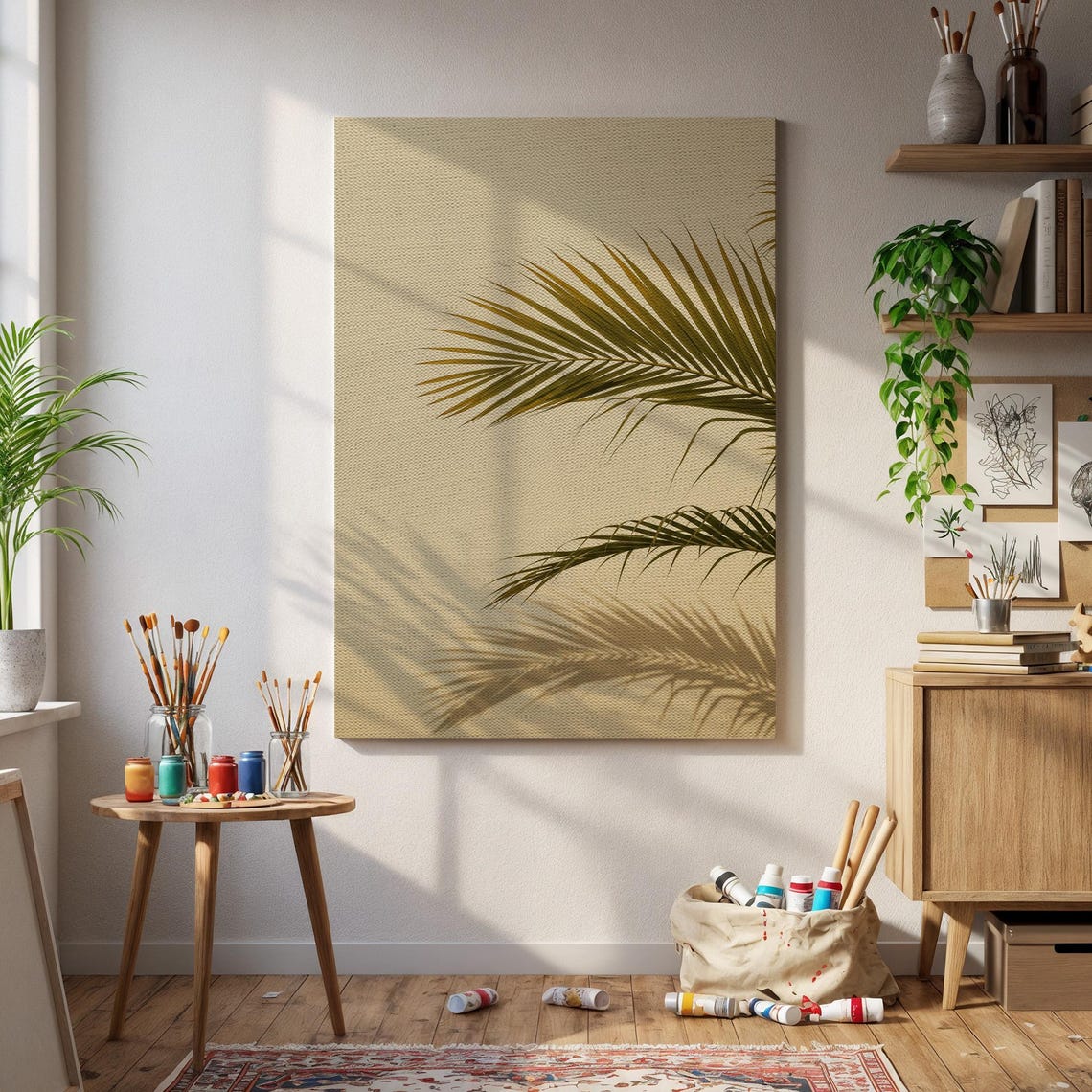 Palm Leaf Shadow Tropical Botanical Beige Photography Canvas Print
