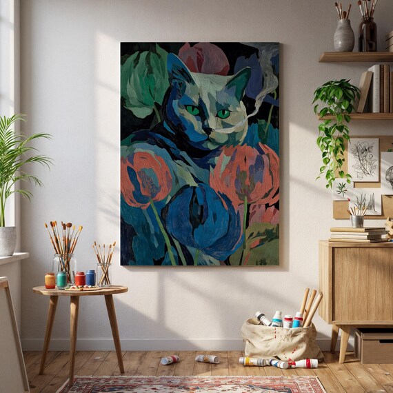 Blue Cat With Green Eyes Bold Floral Abstract Animal Art Poster