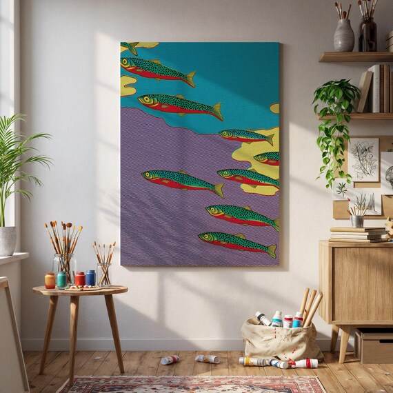 Colorful Rainbow Fish School Bold Pop Art Ocean Illustration Poster