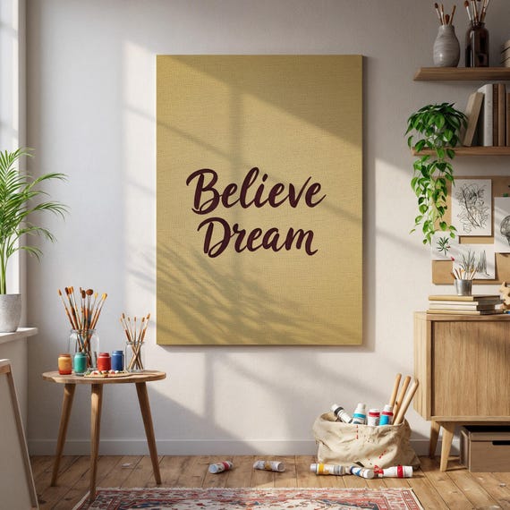 Believe Dream Wall Art Framed Beige Inspirational Typography Poster Motivational Quote Print For Office Bedroom Or Selfcare Corners