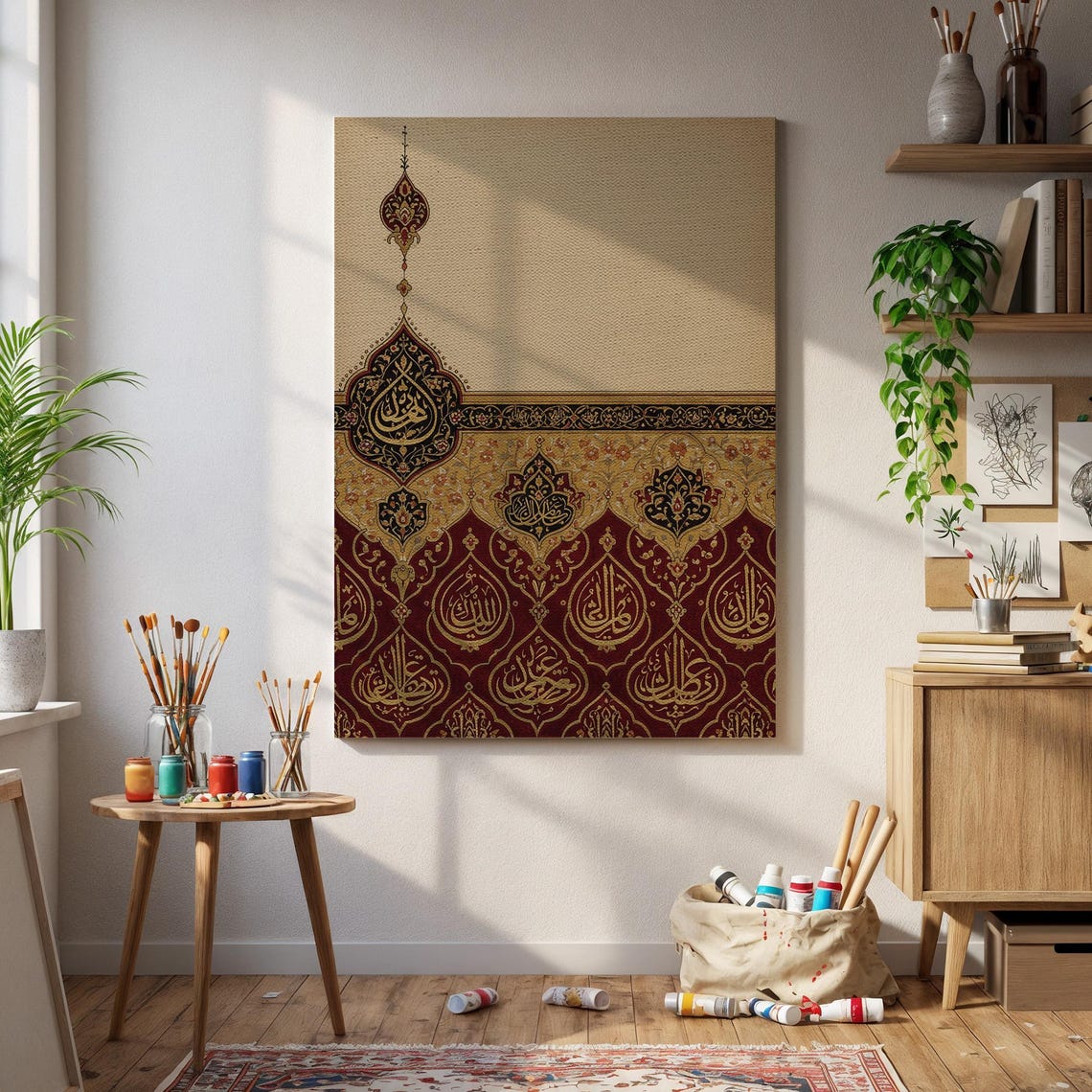 Islamic Ottoman Pattern Maroon Gold Calligraphy Decor Wall Art