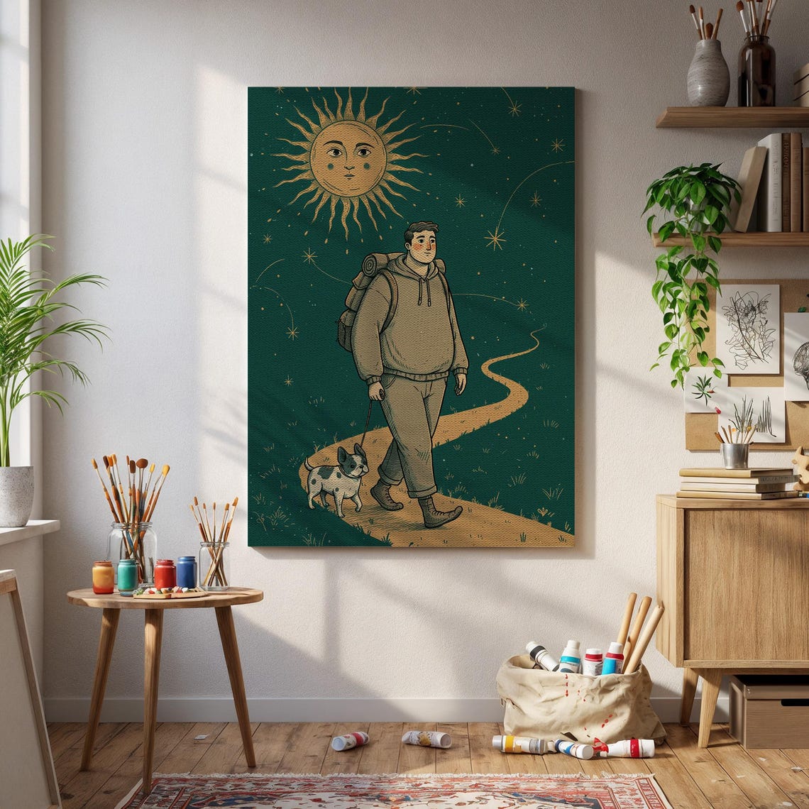Whimsical Hiker Wall Art Man Walking Dog Under Cosmic Sun Celestial Journey Poster Surreal Night Path Print Adventure Decor Home