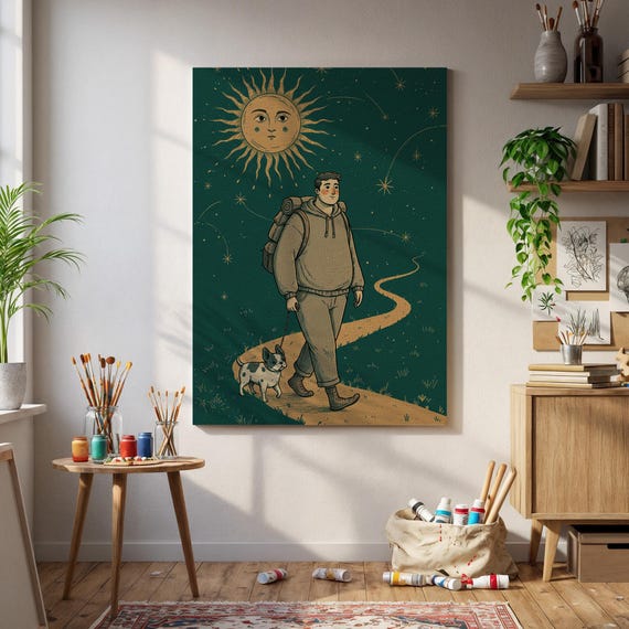 Whimsical Hiker Wall Art Man Walking Dog Under Cosmic Sun Celestial Journey Poster Surreal Night Path Print Adventure Decor Home
