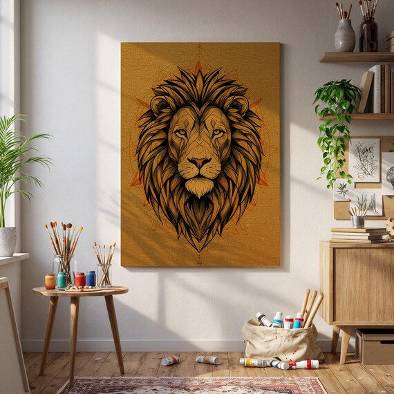 Framed Geometric Lion Wall Art Bold Jungle King Poster Tribal Safari Animal Print Strength Symbol Decor Gift For Him Or Wild Spirit