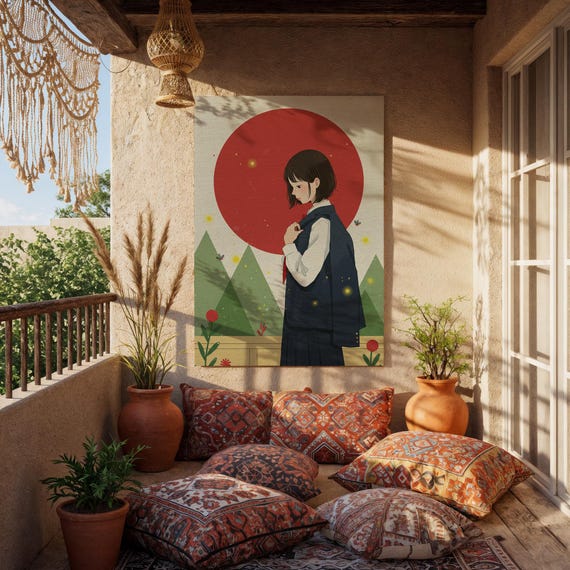 Japanese Girl Illustration Poster Anime Wall Art Red Sun And Nature Print Framed Or Rolled Gift For Teen Lover