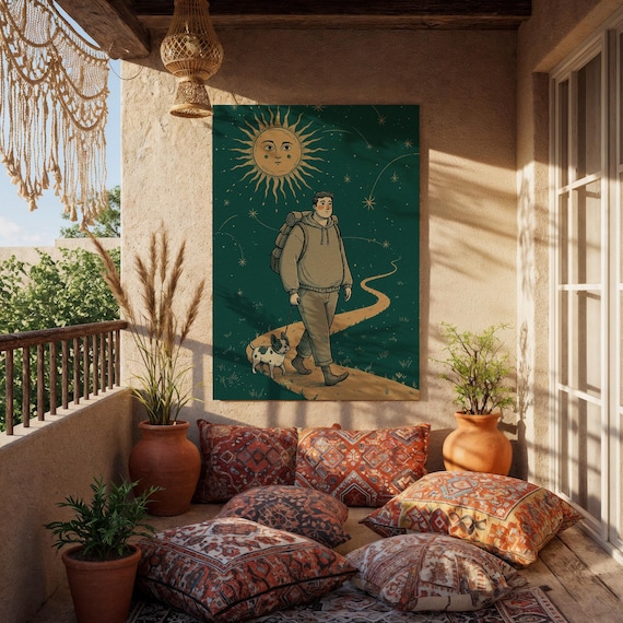 Whimsical Hiker and Dog Under Celestial Sun Starry Night Wall Art