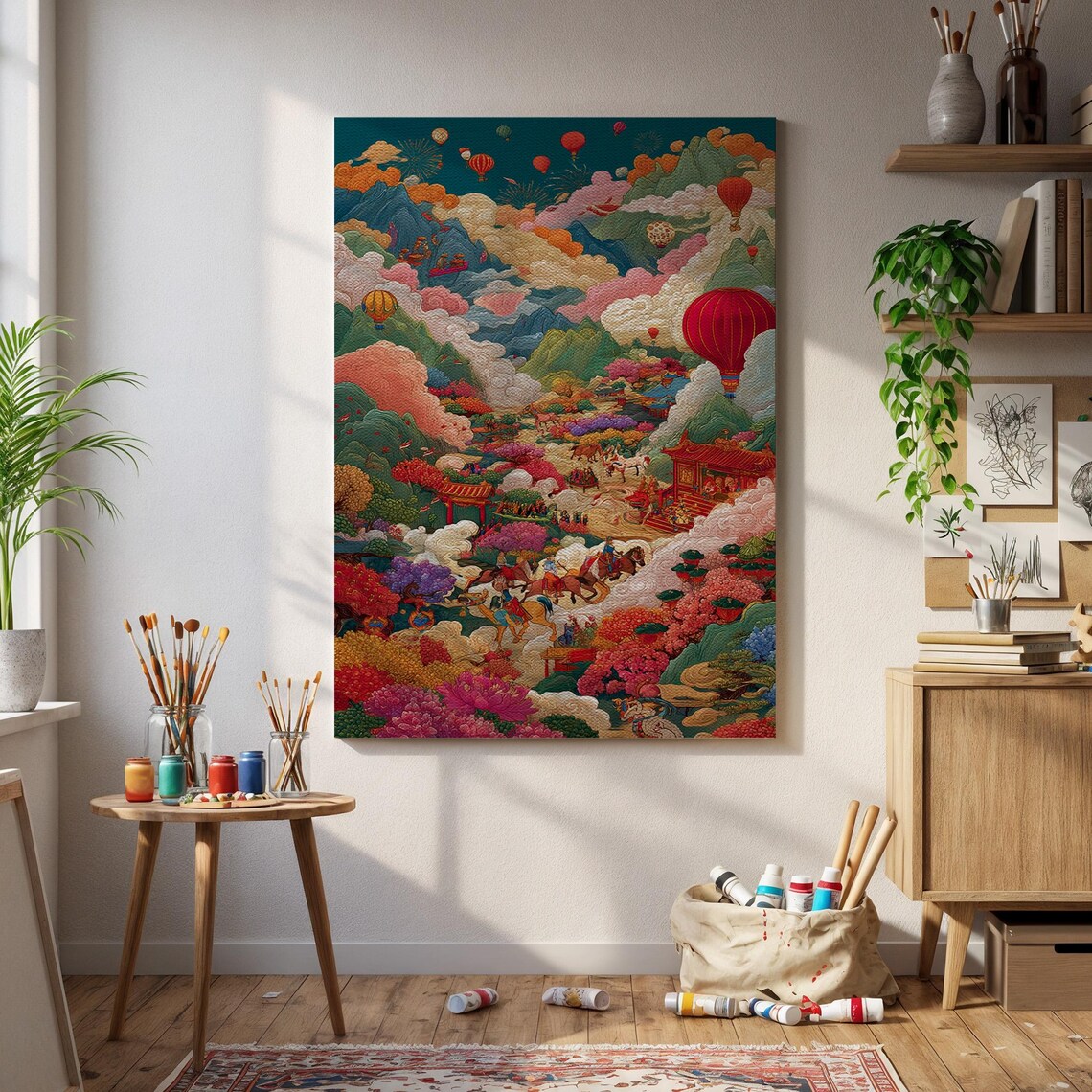Asian Fantasy Landscape Hot Air Balloons Pagodas Valley Art Poster