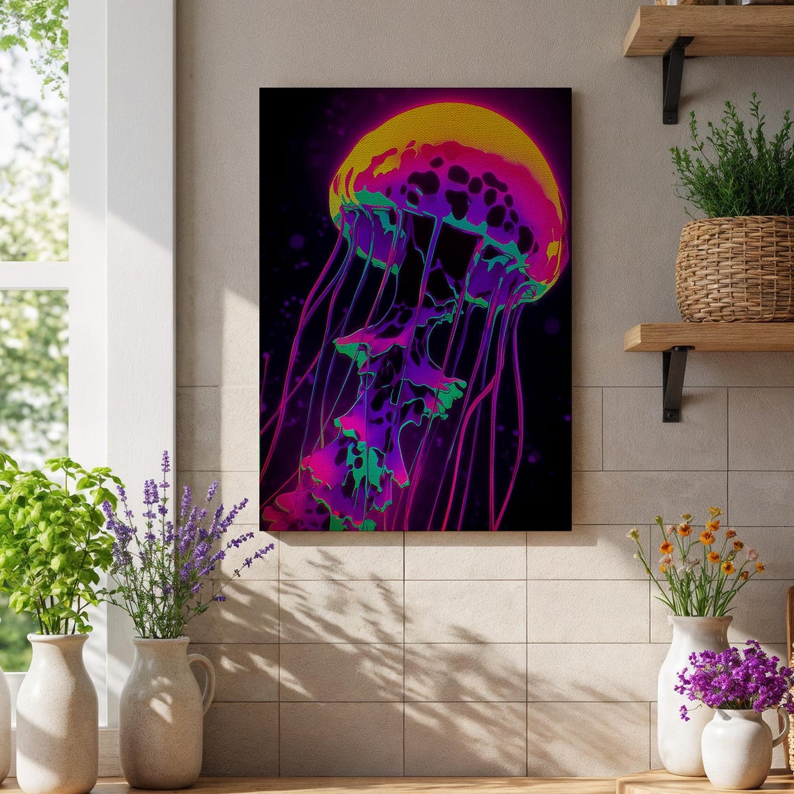Neon Jellyfish Canvas Wall Art Framed Abstract Ocean Animal Print Vibrant Psychedelic Decor For Modern Home Office Or Gamer Room