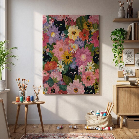 Floral Cat Wall Art Playful Black Cats Hiding In Colorful Garden Flowers Whimsical Botanical Print For Cozy Home And Pet Lovers