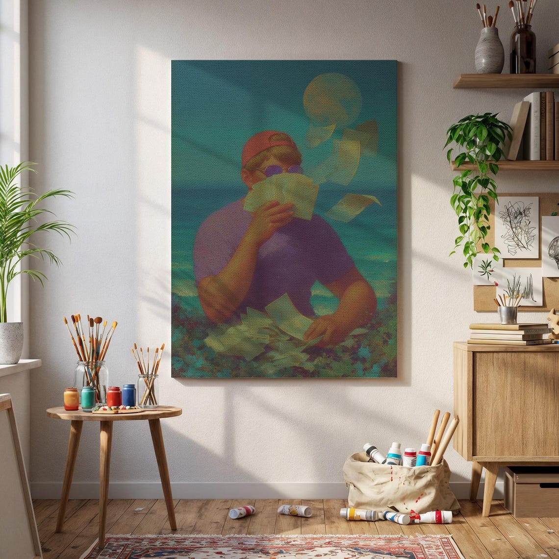Surreal Moonlit Dreamer Poster Man with Papers Flying Over Ocean