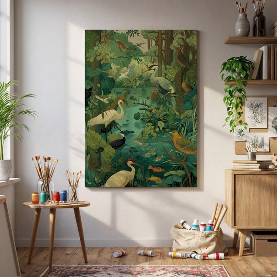 Tropical Jungle Birds Poster Exotic Green Rainforest Illustration With Herons Ducks Foliage For Calm Nature Wall Art Home Decor