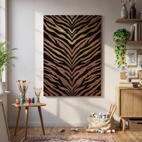 Gold Rose Tiger Stripes Canvas Print Glam Animal Pattern Wall Art Metallic Safari Decor Abstract Jungle Texture Poster Home
