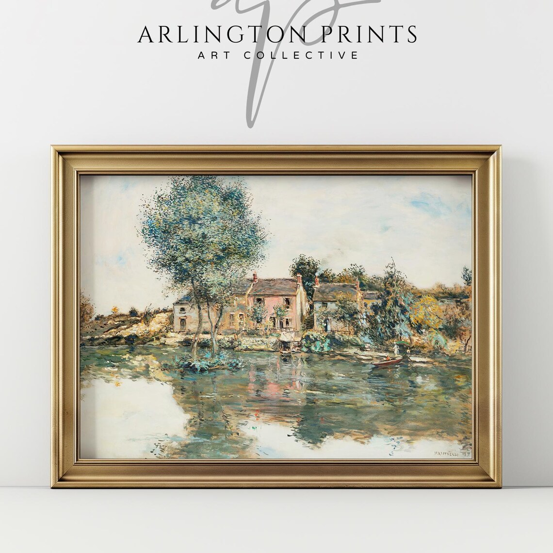 Impressionist River Village with Stone Houses Landscape Poster