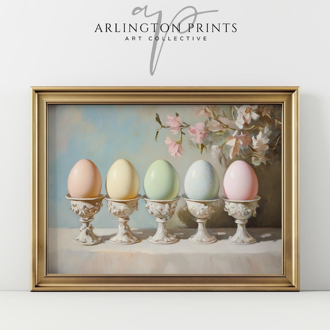 Pastel Easter Eggs Egg Cups Spring Blossom Vintage Art Print