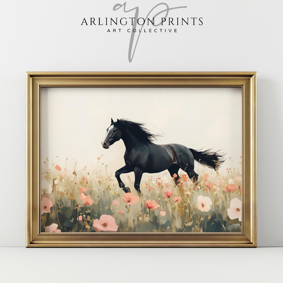 Black Horse Galloping Through Pink Wildflowers Watercolor Poster