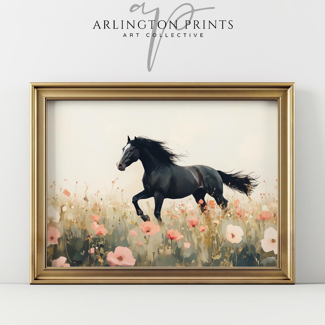 Wild Horse Print Black Horse Nature Art Floral Wildlife Painting Western Art Print Wildflower Meadow Animal Decor