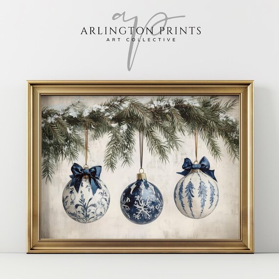 Blue Floral Christmas Ornaments Vintage Holiday Poster