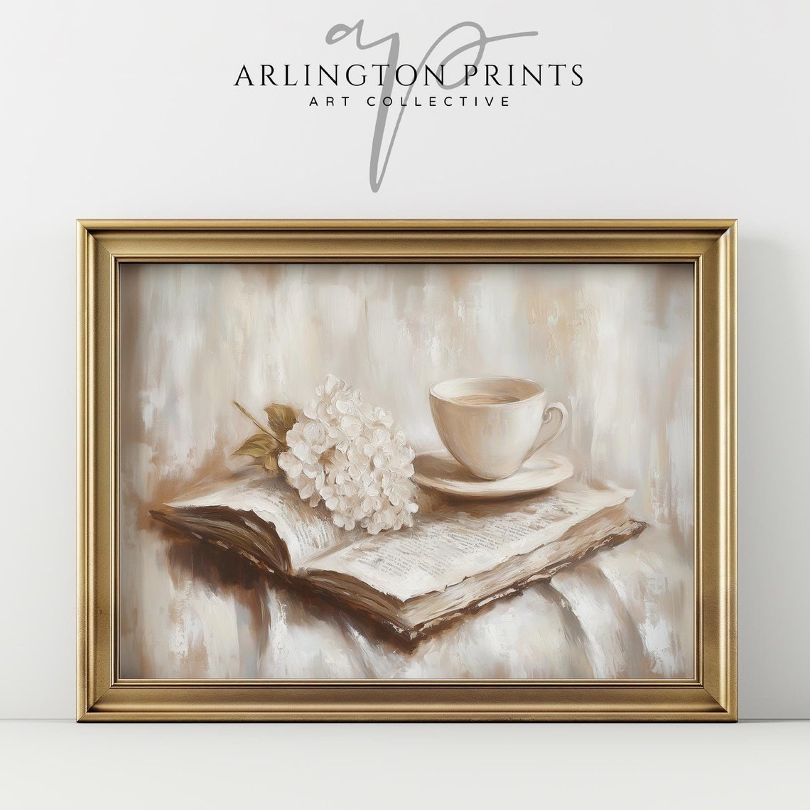 Open Vintage Book with Tea Cup and White Hydrangea Cozy Still Print