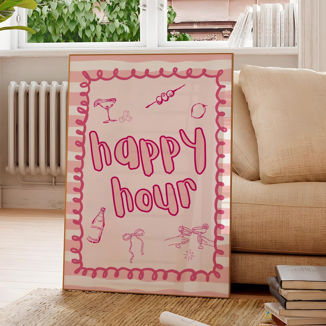 Happy Hour Pink Retro Cocktail Doodle Girly Bar Cart Party Print