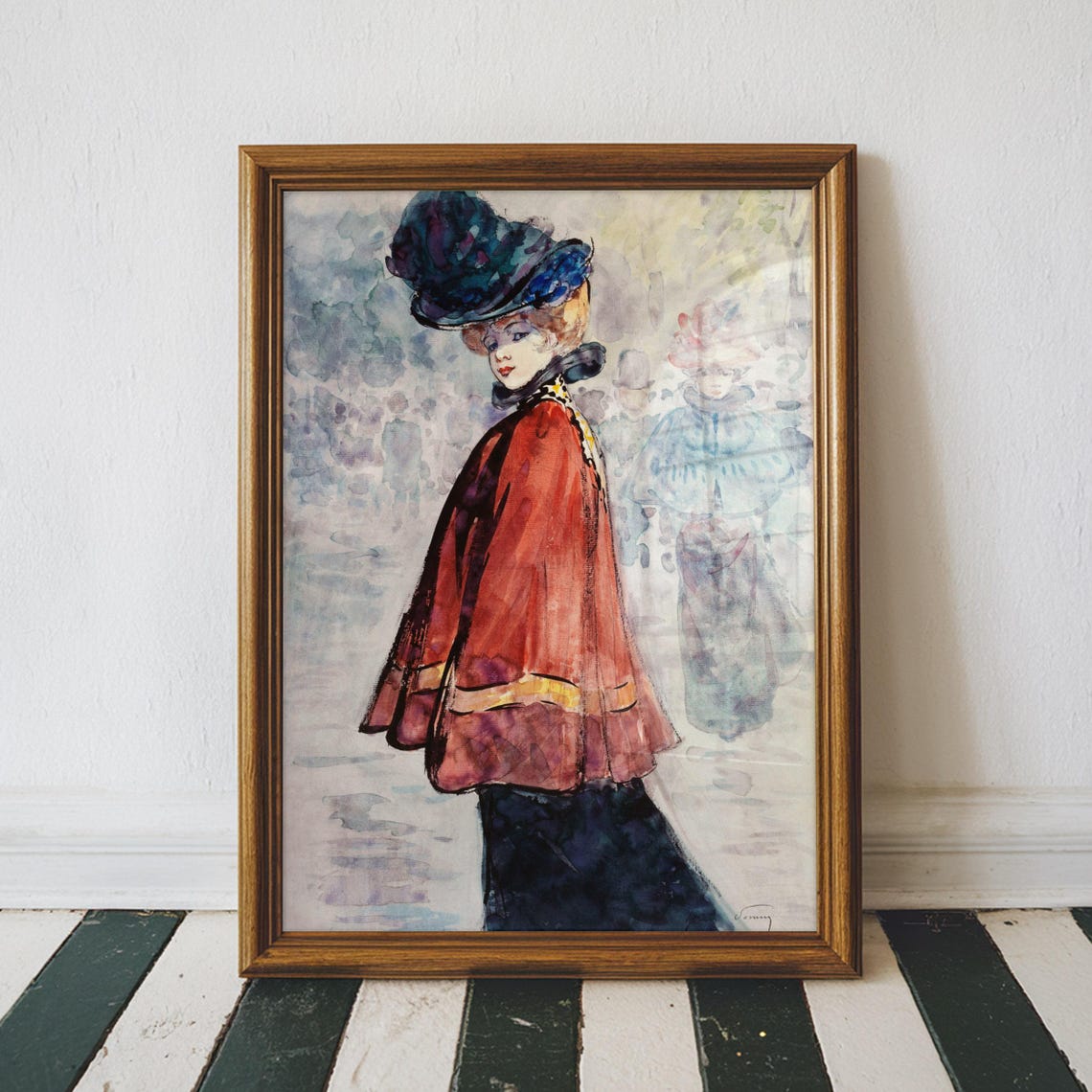 Henri Somm Elegant Lady in Red Cape Parisian Watercolor Art Poster