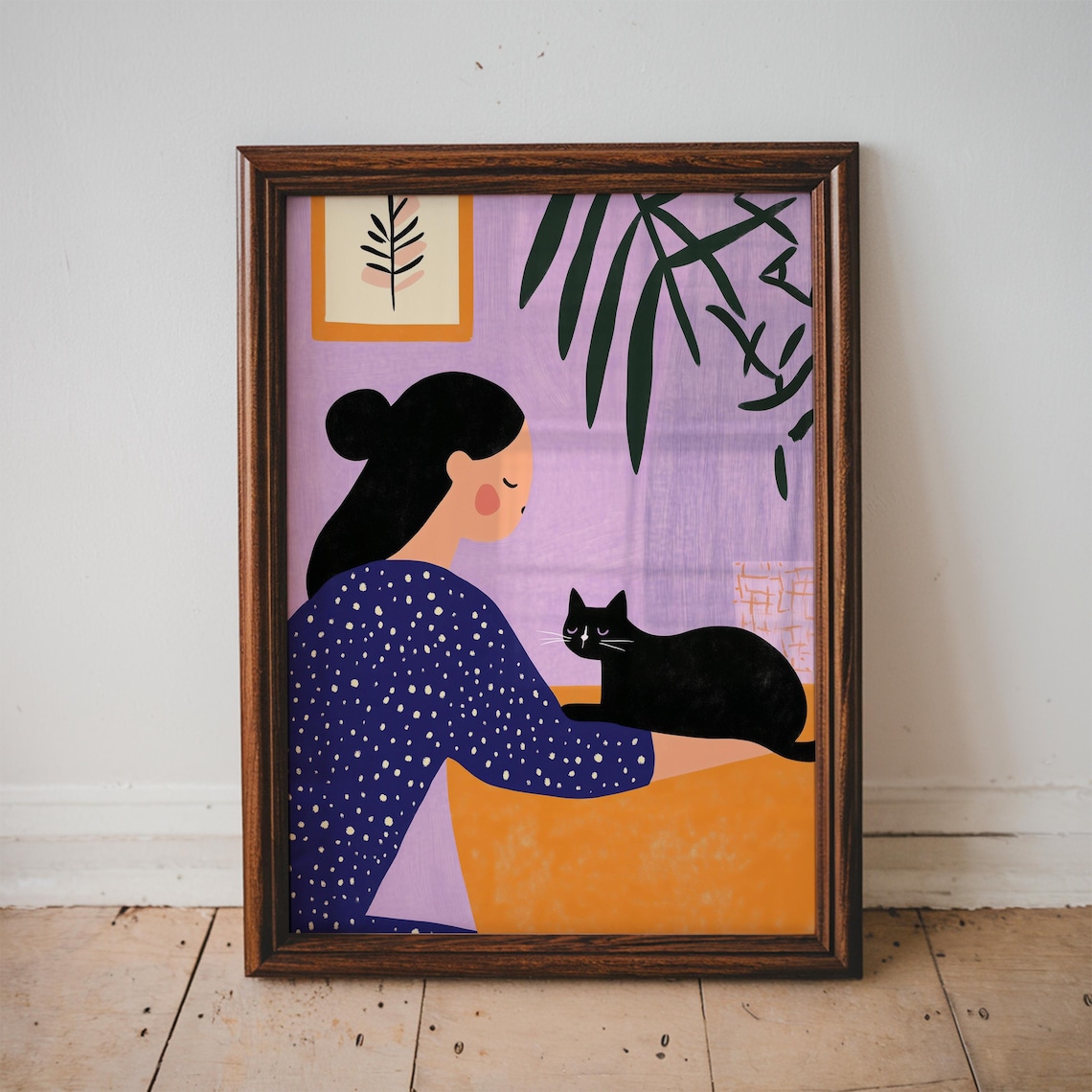 Woman With Black Cat Purple Orange Modern Illustration Poster