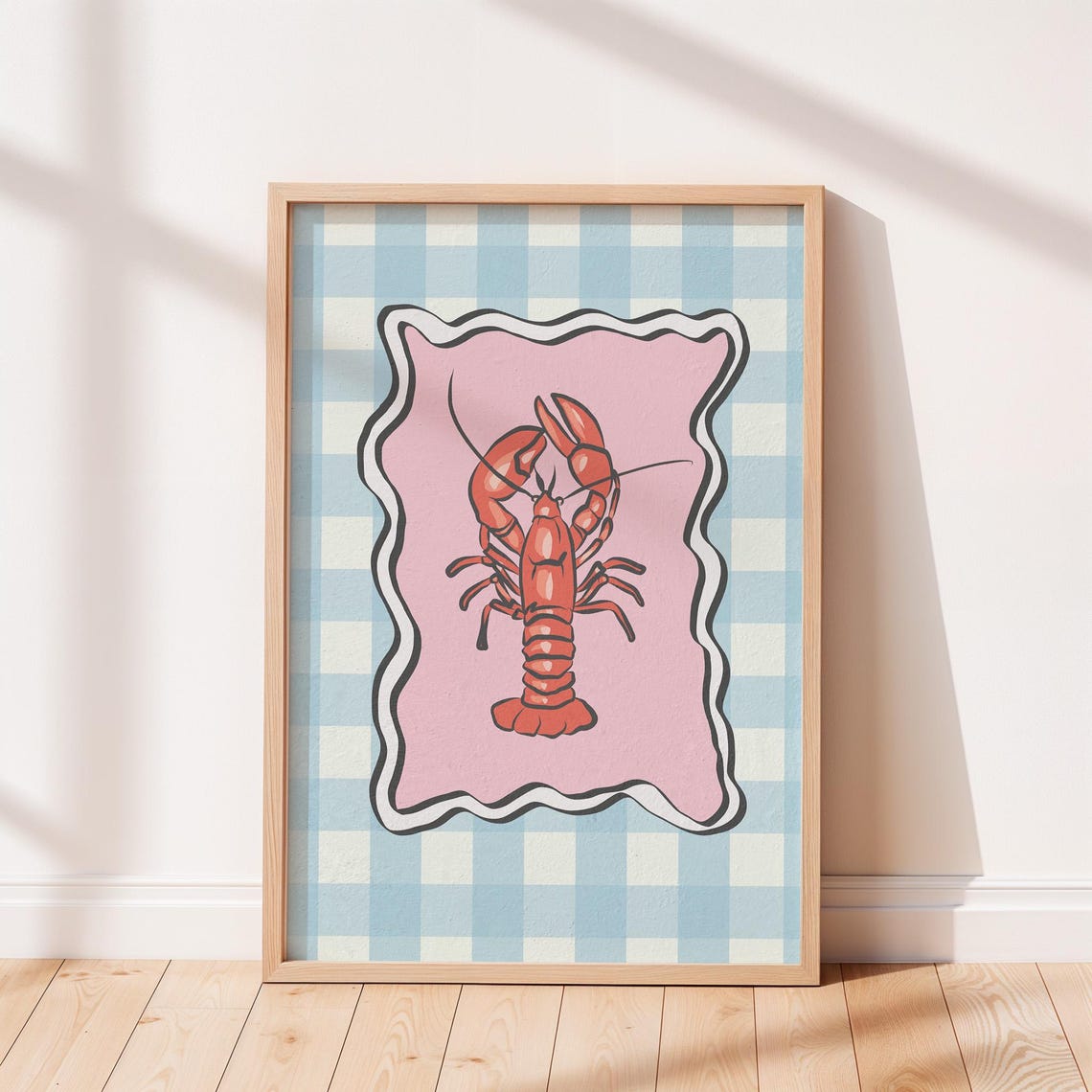 Preppy Lobster Illustration Pink Gingham Coastal Kitchen Poster