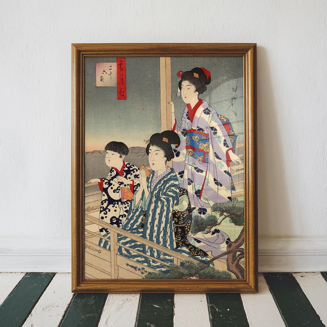 Women in Kimono on a Veranda Vintage Japanese Woodblock Print
