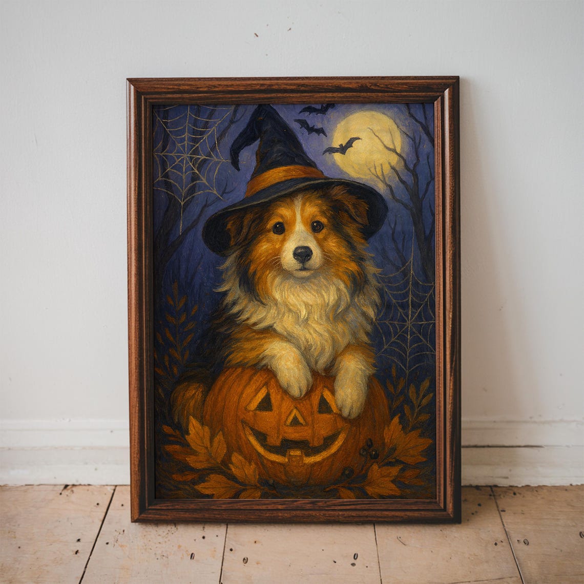 Halloween Dog In Witch Hat Sitting On Jack O Lantern Moonlit Poster