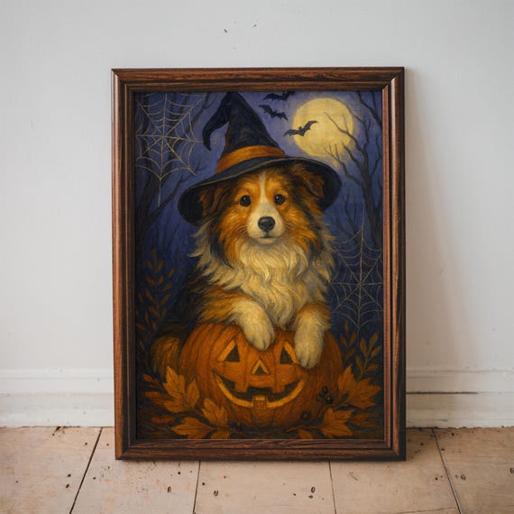 Halloween Border Collie Print Cute Home Decor Apartment Spooky Prints Jack O Lantern Unframed