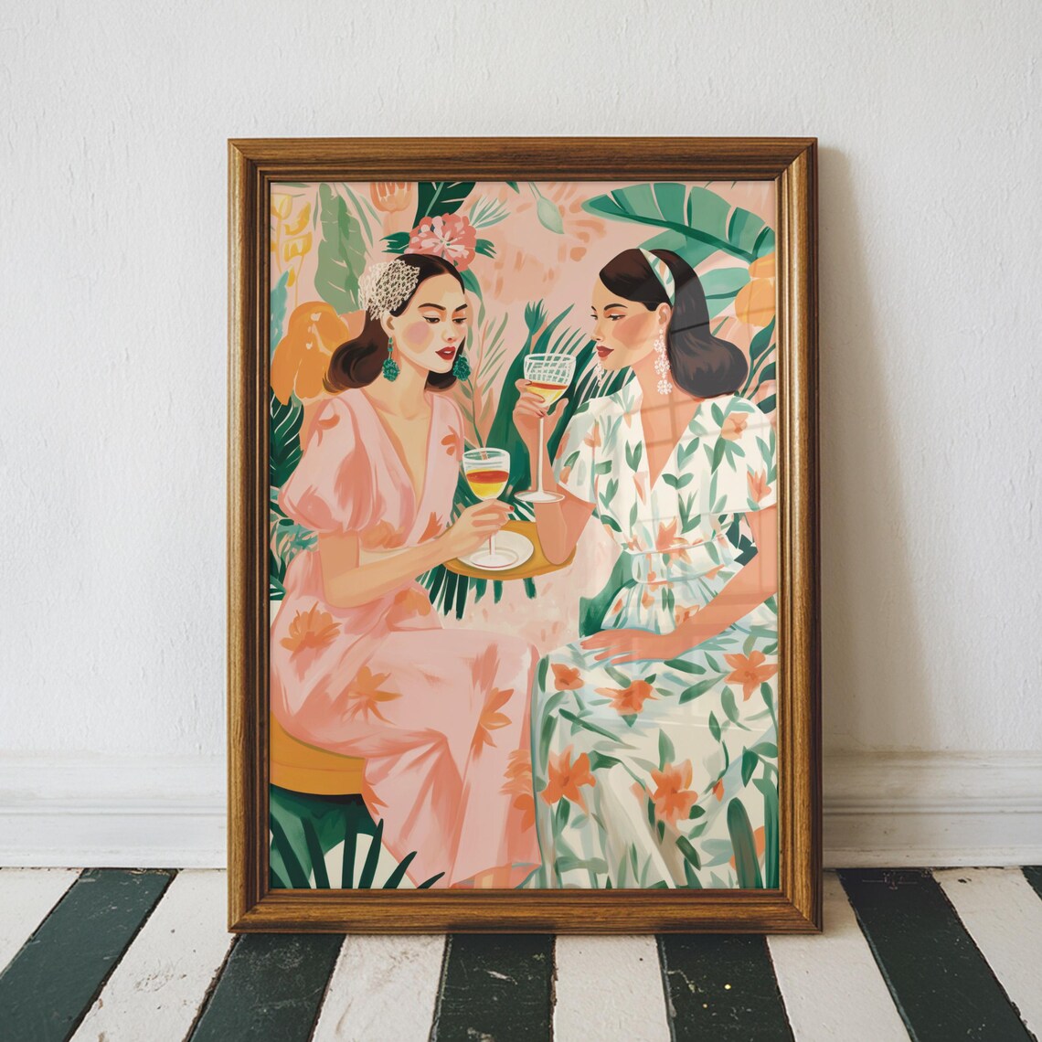Two Women Cocktail Toast Tropical Party Girls Bar Cart Wall Art