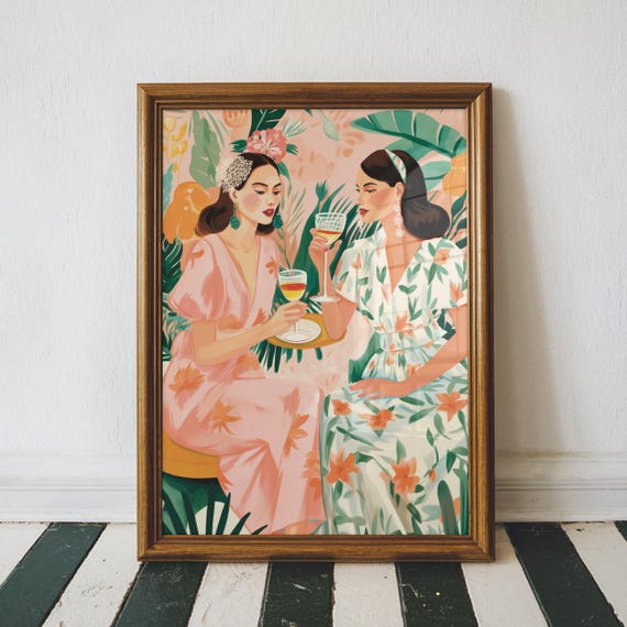 Drinking Girls Art Print Bar Cart Decor Portrait Painting Apartment Eclectic Prints Tropical Home Best Friends Gift