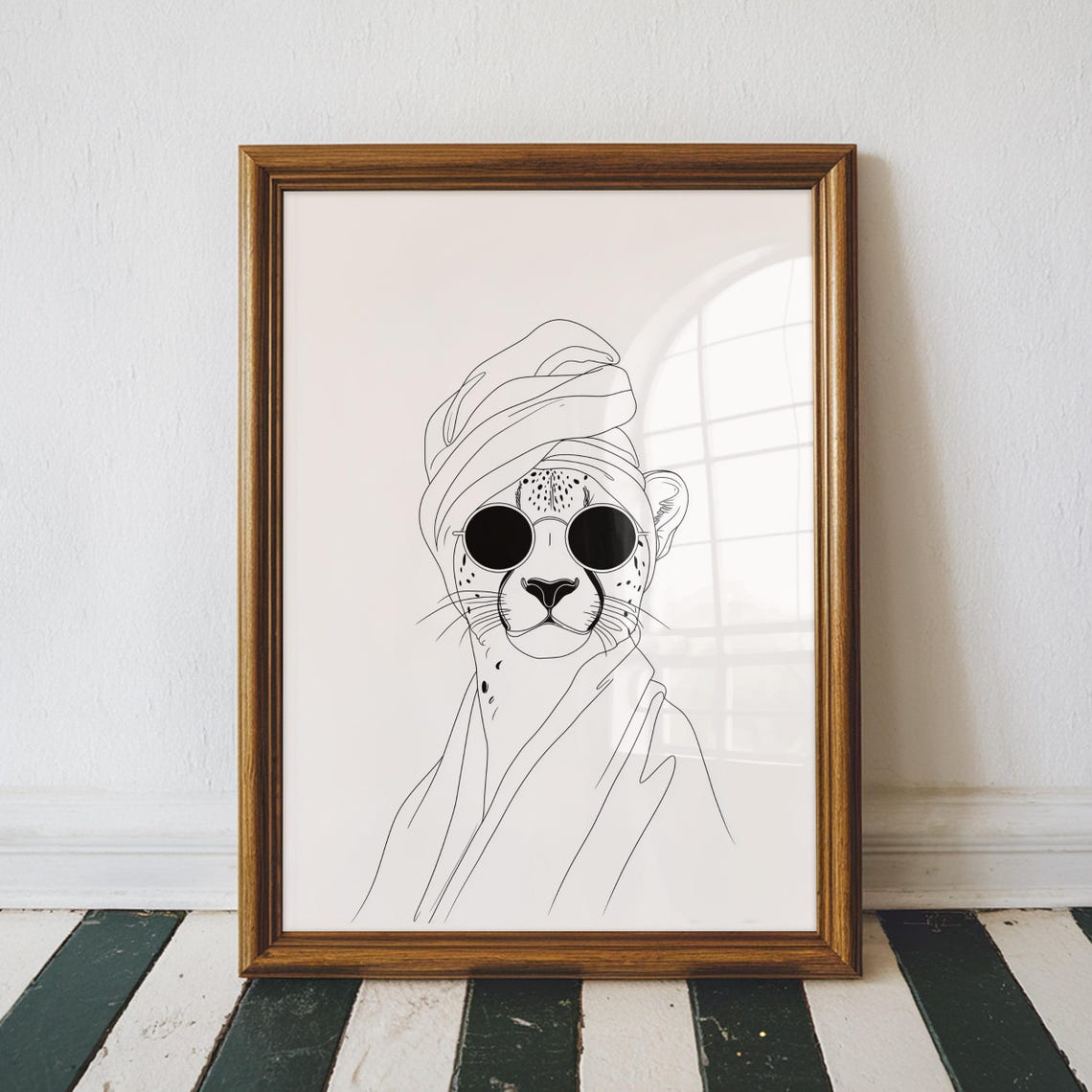 Cheetah in a Towel Wrap Sunglasses Minimalist Line Art Bathroom Poster