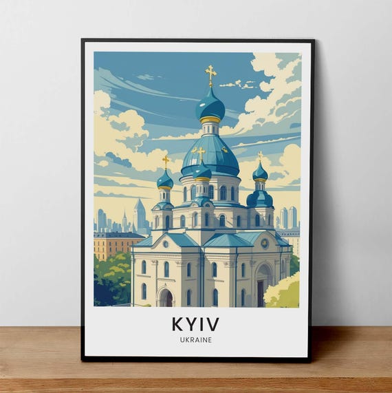 Kyiv Ukraine Print City Travel Poster Cathedral Wall Art Architecture Illustration European Decor
