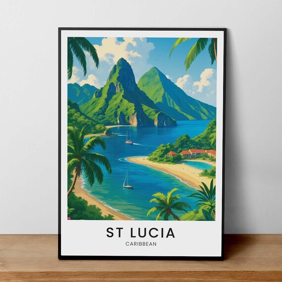 St Lucia Caribbean Twin Pitons Beach Bay Sailboat Travel Poster