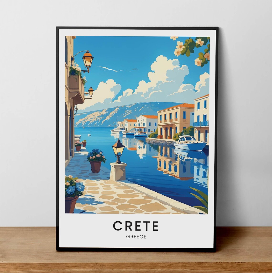 Crete Greece Harbor Village Sunny Seaside Promenade Travel Poster