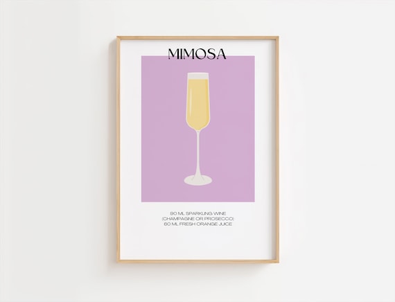 Mimosa Minimalist Champagne Flute Recipe Print Lavender Kitchen Art