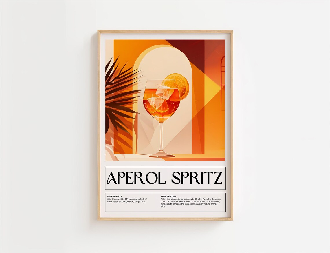 Aperol Spritz Tropical Sunset Cocktail Recipe Retro Bar Poster