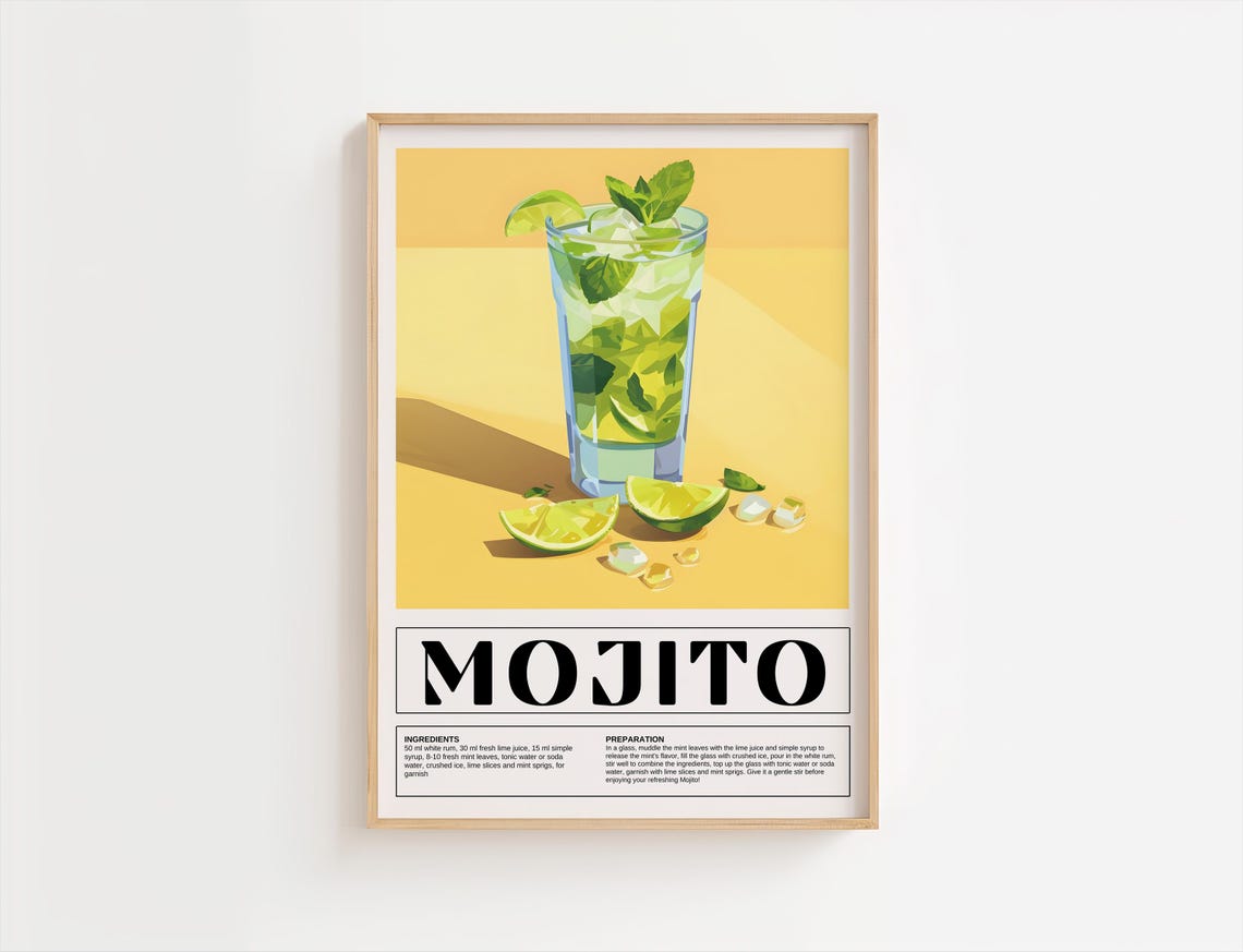 Mojito Tropical Cocktail Recipe Retro Sunny Kitchen Bar Poster