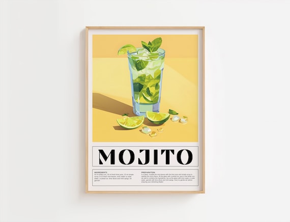 Mojito Tropical Cocktail Recipe Retro Sunny Kitchen Bar Poster