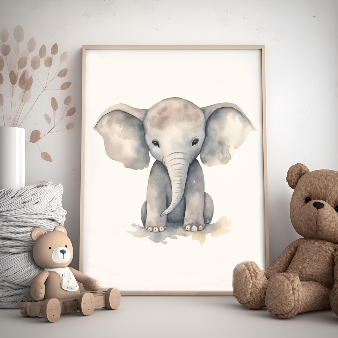 Cute Baby Elephant Watercolor Safari Nursery Animal Wall Decor Poster