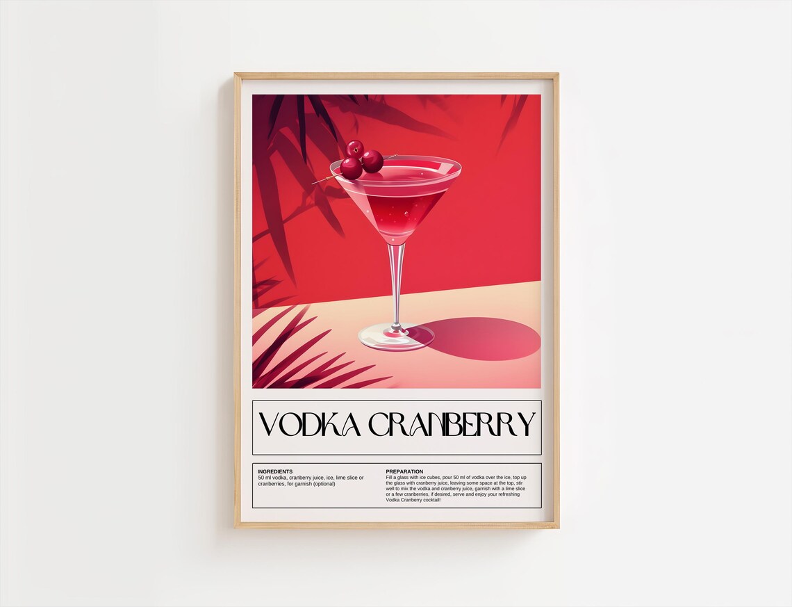 Vodka Cranberry Red Cocktail Recipe Print Tropical Bar Cart Art