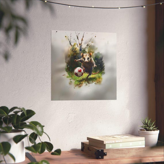 Soccer Possum Maximalist Eclectic Sports Poster Print Rugged Eccentric Football Airbnb Childrens Art Fantasy Nature Rustic Wall Decor