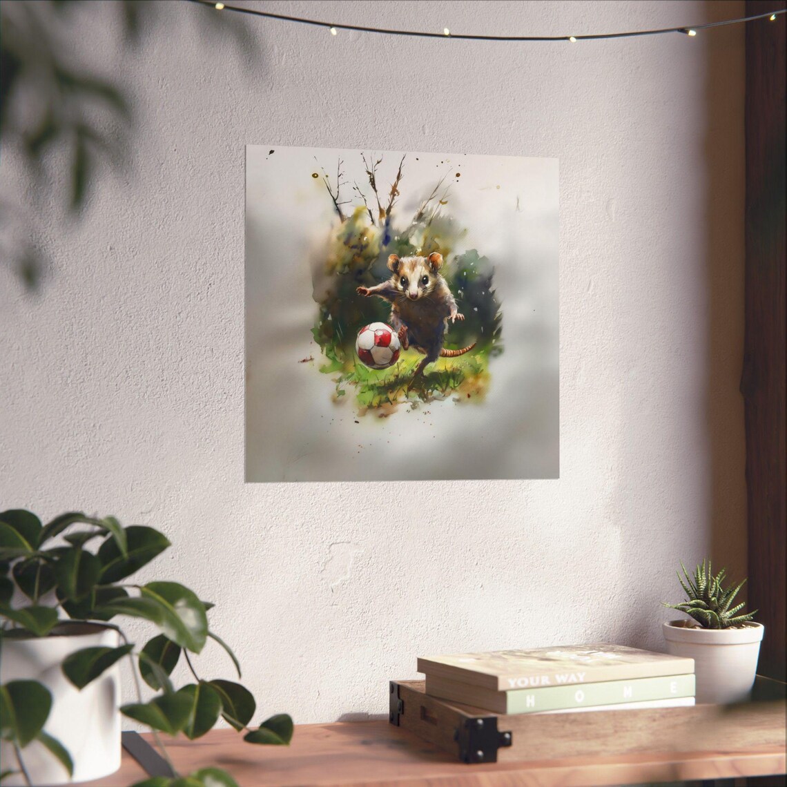 Possum Playing Soccer Cute Watercolor Woodland Animal Poster