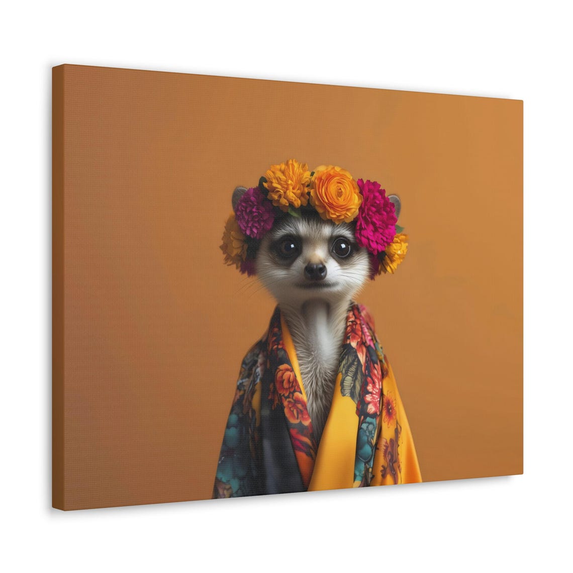 Meerkat In Floral Crown And Patterned Kimono Robe On Orange Poster - Image 2