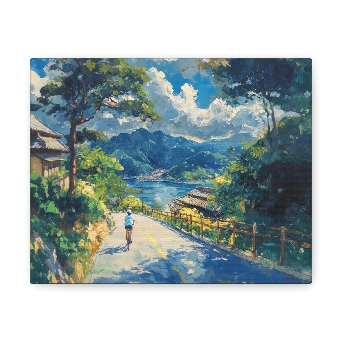 Cyclist Riding Downhill Toward Japanese Bay Village Art Print - Image 3