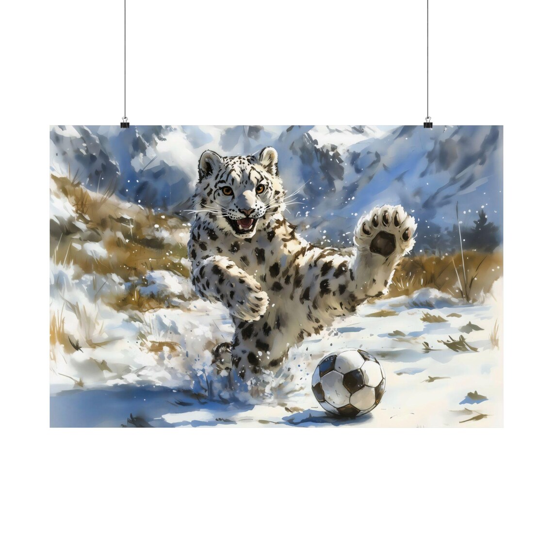 Snow Leopard Soccer Watercolor Painting Snowy Mountain Kick Action Poster - Image 3