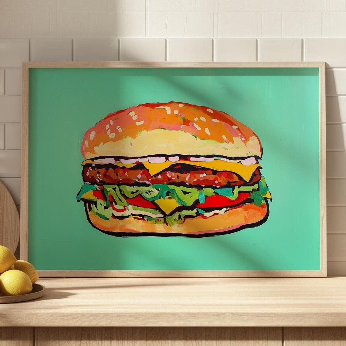 Double Cheeseburger Pop Art Food Painting On Mint Green Poster - Image 4